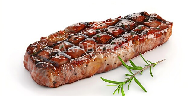 صورة ستيك اللحم المشوي مع إكليل الجبل و البهارات، وجبات لحوم الضأن الصحية، المأكولات العربية الشرقية الشهية، مطاعم الأكلات السريعة، وصفات وأطباق متميزة في مطابخ المملكة العربية السعودية، خلفية بيضاء