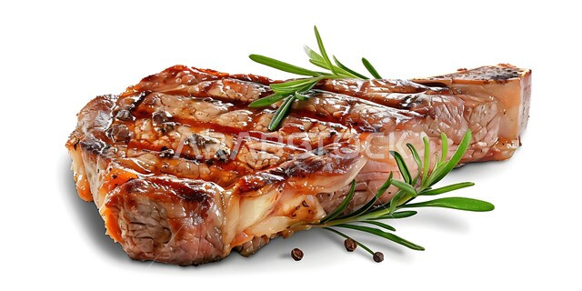 صورة ستيك اللحم المشوي مع إكليل الجبل و البهارات، وجبات لحوم الضأن الصحية، المأكولات العربية الشرقية الشهية، مطاعم الأكلات السريعة، وصفات وأطباق متميزة في مطابخ المملكة العربية السعودية، خلفية بيضاء