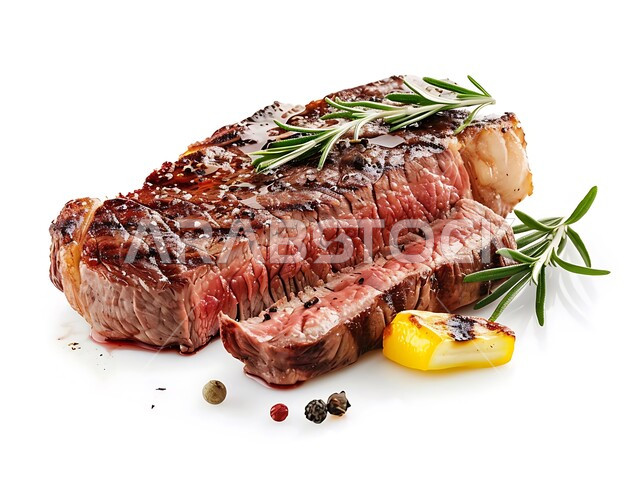 وجبات لحوم الضأن الصحية، صورة ستيك اللحم المشوي مع إكليل الجبل و البهارات، المأكولات العربية الشرقية الشهية، مطاعم الأكلات السريعة، وصفات وأطباق متميزة في مطابخ المملكة العربية السعودية، خلفية بيضاء