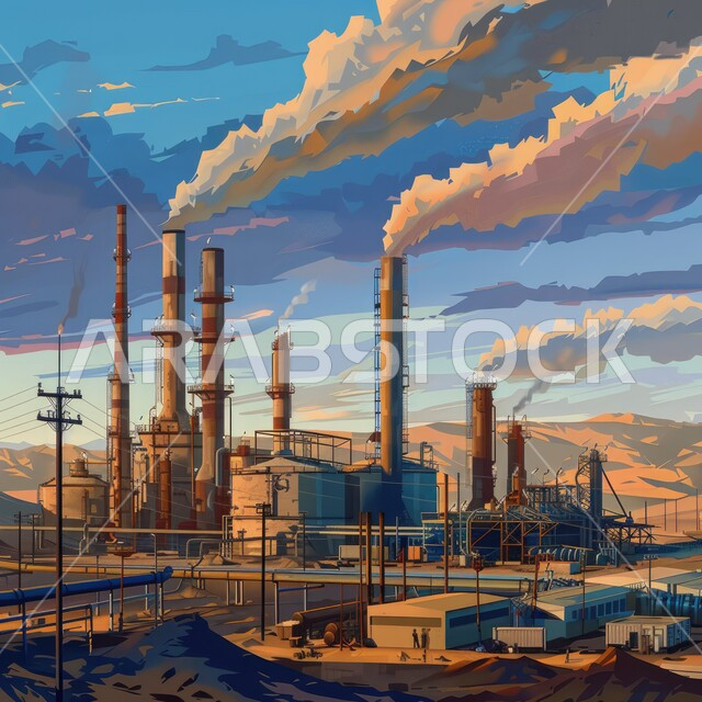 خطوط الأنابيب والكابلات الفولاذية، صناعات ومشاريع بيتروكيماوية، التلوث الناتج عن انتاج البترول، مصنع تكرير النفط والغاز في المنطقة الصناعية، مصانع ومعامل في المملكة العربية السعودية، مستودعات ضخمة و كبيرة، هندسات ومعدات صناعية