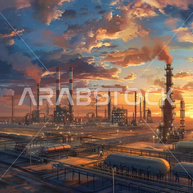 التلوث الناتج عن انتاج البترول، صناعات ومشاريع بيتروكيماوية، خطوط الأنابيب والكابلات الفولاذية، مصنع تكرير النفط والغاز في المنطقة الصناعية، مصانع ومعامل في المملكة العربية السعودية، مستودعات ضخمة و كبيرة، هندسات ومعدات صناعية
