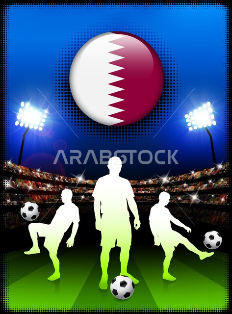 الإستعداد لمباريات كأس العالم في قطر، رسوم توضيحيه لمجموعة من اللاعبين يقومون بمماسة التمارين قبل بدأ المبارة، تشجيع الفريق القطري لكرة القدم، الاهتمام بتجهيز الملاعب