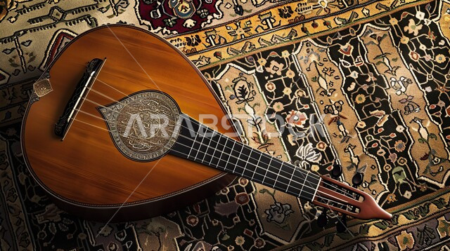 Enjoying playing classical stringed instruments, a fun and entertaining session, a top view of the oud on a decorated carpet, musical artistic talents