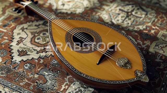Enjoying playing classical stringed instruments, a fun and entertaining session, a top view of the oud on a decorated carpet, musical artistic talents