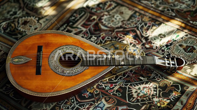 Enjoying playing classical stringed instruments, a fun and entertaining session, a top view of the oud on a decorated carpet, musical artistic talents
