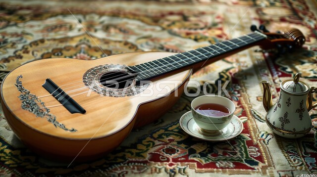 A fun and entertaining session, enjoying playing classical stringed instruments, the oud on a decorated carpet with a cup of tea, musical artistic talents