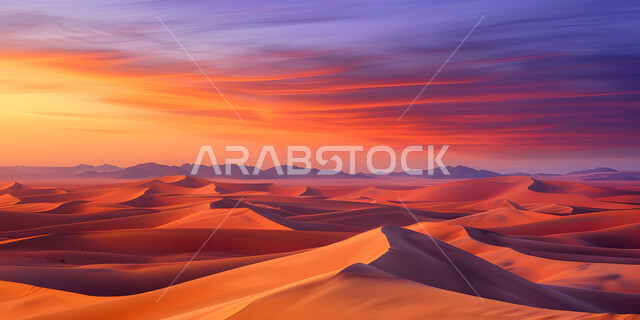غروب الشمس فوق مناطق البادية والبيئة الطبيعية الصحراوية، التكوينات والتشكلات الرملية في صحراء المملكة العربية السعودية، الهضاب و التلال من الرمال الناعمة الذهبية، خلفية الطبيعة