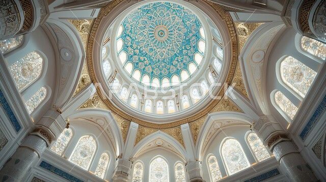 تصاميم وديكورات اسلامية مزخرفة، منظر داخلي للقبة داخل قصر فاخر, الديكورات الداخلية على الطراز الاسلامي الحديث باللون الأبيض، أماكن ومعالم مقدسة، النوافذ الزجاجية المتميزة
