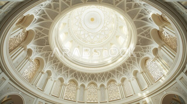 تصاميم وديكورات اسلامية مزخرفة، منظر داخلي للقبة داخل قصر فاخر, الديكورات الداخلية على الطراز الاسلامي الحديث باللون الأبيض، أماكن ومعالم مقدسة، النوافذ الزجاجية المتميزة