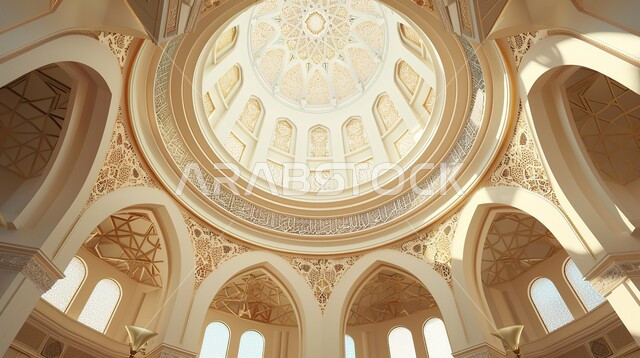 تصاميم وديكورات اسلامية مزخرفة، منظر داخلي للقبة داخل قصر فاخر, الديكورات الداخلية على الطراز الاسلامي الحديث باللون الأبيض، أماكن ومعالم مقدسة، النوافذ الزجاجية المتميزة