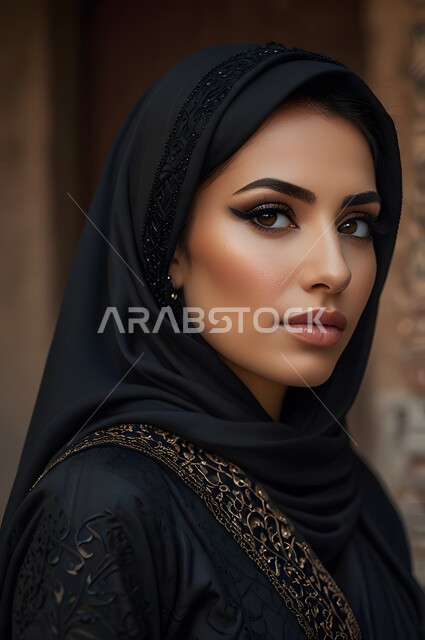 الصور الشخصية للوثائق الرسمية، تعابير السعادة والسرور، الأزياء العصرية للمحجبات، الأنوثة والنعومة والإهتمام بالمظهر الخارجي والأناقة، صورة مقربة لامرأة عربية خليجية سعودية محجبة ترتدي عباءة سوداء تنظر الى الكاميرا بايماءات الثقة بالنفس