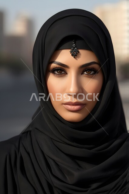 الصور الشخصية للوثائق الرسمية، تعابير السعادة والسرور، الأزياء العصرية للمحجبات، الأنوثة والنعومة والإهتمام بالمظهر الخارجي والأناقة، صورة مقربة لامرأة عربية خليجية سعودية محجبة ترتدي عباءة سوداء تنظر الى الكاميرا بايماءات الثقة بالنفس
