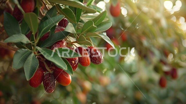 الاهتمام بالنباتات و الاشجار الخضراء المثمرة, موسم القطاف و الحصاد، محاصيل و منتجات زراعيه محلية وطنية ,محمية طبيعية لزراعة أشجار النخيل في المملكة العربية السعودية، صورة مقربة لعنقود من حبات الرطب الطازج