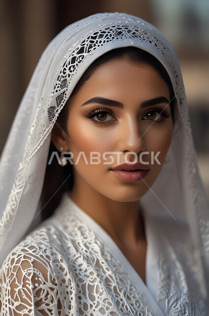 حجابات وملابس نسائية اسلامية راقيه ،مفهوم الأنوثة والنعومة، صورة مقربة لعروس عربية خليجيه سعودية محجبة مسلمة ترتدي عباءه الافراح العرائس المزخرفة و تنظر إلى الكاميرا، الاهتمام بالمظهر الخارجي، الاحتفال بالمناسبات والافراح