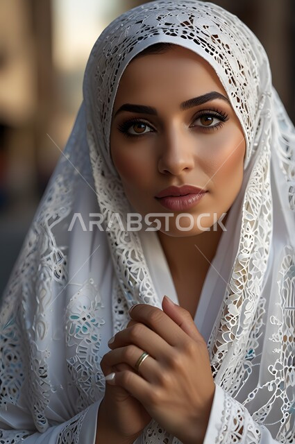 Hijabs and elegant Islamic women's clothing, the concept of femininity and softness, a close-up photo of a veiled Saudi Arabian Gulf Muslim bride wearing an embroidered and decorated bridal wedding abaya and looking at the camera, interest in outward appearance, celebrating occasions and weddings