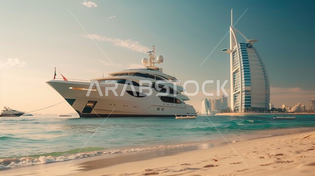 الفن الهندسي المعماري على الطراز الحديث لفندق برج العرب، يخت فاخر على الشاطئ وقت النهار، وسائل النقل البحري، معالم سياحية مشهورة في مدينة دبي، النمو والتقدم العمراني للأبراج وناطحات السحاب في الإمارات العربية المتحدة