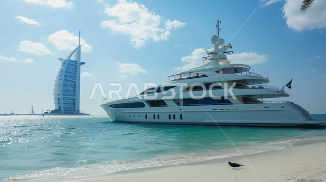 الفن الهندسي المعماري على الطراز الحديث لفندق برج العرب، يخت فاخر على الشاطئ وقت النهار، وسائل النقل البحري، معالم سياحية مشهورة في مدينة دبي، النمو والتقدم العمراني للأبراج وناطحات السحاب في الإمارات العربية المتحدة