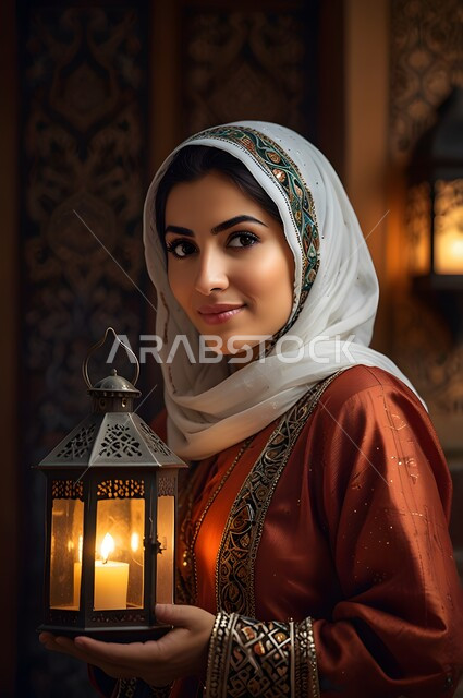 Lanterns and Islamic artifacts, sacred religious holidays, decorations, lights and spiritual atmosphere, close-up photo of a young Saudi Arabian Gulf woman wearing an abaya holding a lit metal lantern celebrating the coming of Eid, softness, femininity and interest in outward appearance