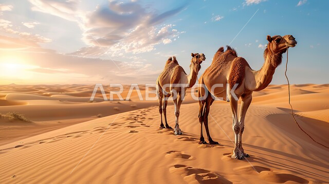 الرمال الذهبية الناعمة، استخدام الإبل للتنقل في صحارى المملكة العربية السعودية، الإهتمام في تربية ورعاية الحيوانات، مجموعة من الجمال تسير فوق الكثبان الرملية في الصحراء، أماكن سياحية صحراوية
