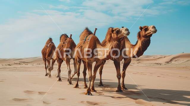 A group of camels walking over sand dunes in the desert, soft golden sand, using camels to move around in the deserts of Saudi Arabia, interest in raising and caring for animals, desert tourist places