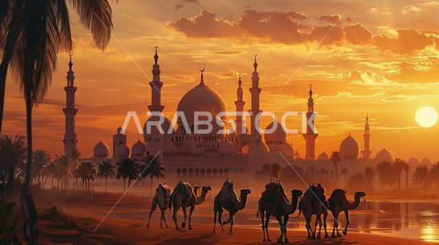 الإهتمام في تربية ورعاية الحيوانات الثدية، استخدام الإبل في التنقل في صحارى المملكة العربية السعودية، الرمال الذهبية الناعمة في الأماكن الصحراوية، صورة ظلية قافلة من الجمال تسير في الصحراء، الفن الهندسي المعماري لمسجد وسط التلال والكثبان الرملية، سيلويت