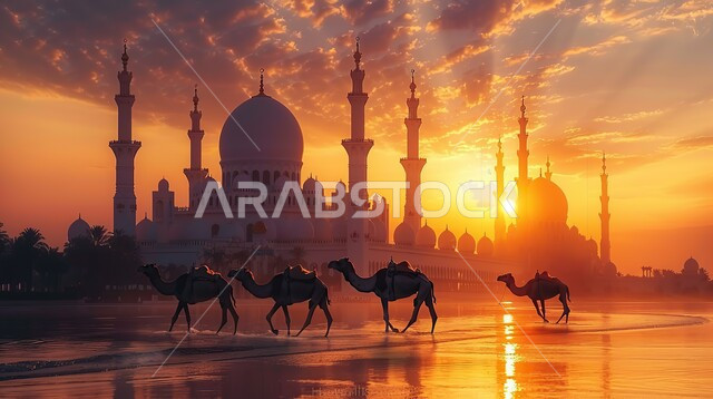 الرمال الذهبية الناعمة في الأماكن الصحراوية، الإهتمام في تربية ورعاية الحيوانات الثدية، استخدام الإبل في التنقل في صحارى المملكة العربية السعودية، صورة ظلية قافلة من الجمال تسير في الصحراء، الفن الهندسي المعماري لمسجد وسط التلال والكثبان الرملية، سيلويت