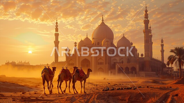 الفن الهندسي المعماري لمسجد وسط التلال والكثبان الرملية، قافلة من الجمال تسير في الصحراء، الرمال الذهبية الناعمة في الأماكن الصحراوية، الإهتمام في تربية ورعاية الحيوانات الثدية، استخدام الإبل في التنقل في صحارى المملكة العربية السعودية