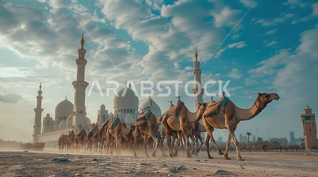 التنقل في صحارى المملكة العربية السعودية باستخدام الإبل، الفن الهندسي المعماري لمسجد وسط التلال والكثبان الرملية، قافلة من الجمال تسير في الصحراء، الرمال الذهبية الناعمة في الأماكن الصحراوية، الإهتمام في تربية ورعاية الحيوانات الثدية