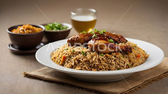 A plate of Kabsa rice with chicken decorated with parsley and appetizers, traditional Arabic dishes, delicious popular dishes, distinctive biryani recipes, the art of presentation in the kitchens and restaurants of the Kingdom of Saudi Arabia