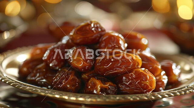 رطب من نخيل المملكة العربية السعودية، ضيافة رمضانية لذيذة، محاصيل ومنتجات زراعية محلية وطنية سعودية، صورة مقربة لطبق مليء بالتمر السكري الصحي الطازج, وجبة ذات قيمة غذائية عالية