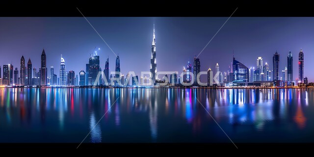 منظر لانعكاس برج خليفة وناطحات السحاب المضيئة ليلا على الساحل في مدينة دبي، الفن الهندسي المعماري على الطراز الحديث، معالم وأماكن سياحية مشهورة في الإمارات العربية المتحدة