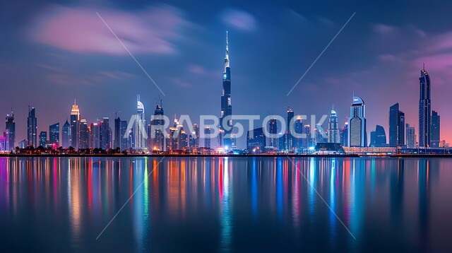 منظر لانعكاس برج خليفة وناطحات السحاب المضيئة ليلا على الساحل في مدينة دبي، الفن الهندسي المعماري على الطراز الحديث، معالم وأماكن سياحية مشهورة في الإمارات العربية المتحدة