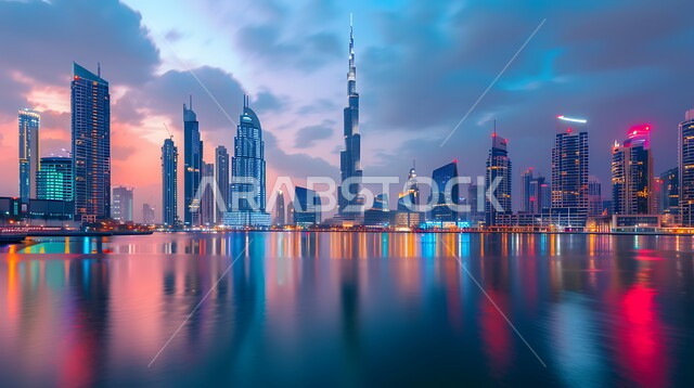 الفن الهندسي المعماري على الطراز الحديث، منظر لانعكاس برج خليفة وناطحات السحاب المضيئة وقت الغروب على الساحل في مدينة دبي، معالم وأماكن سياحية مشهورة في الإمارات العربية المتحدة