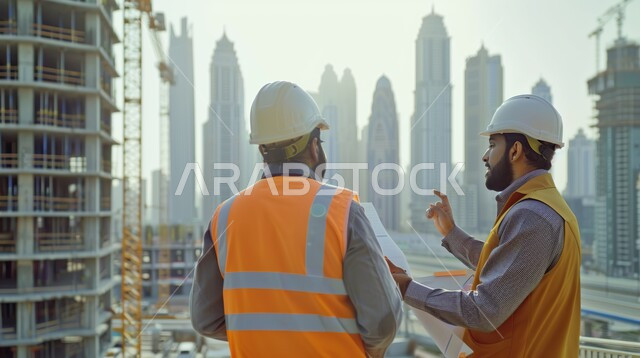 مراجعة مخططات الإعمار والتعديل عليها، متابعة سير المشاريع والإشراف عليها، مهندسان عربيان خليجيان سعوديان يرتديان خوذة وسترة الحماية, إدارة المشروع من موقع العمل, تحقيق الثورة العمرانية, تطور الهندسة الإنشائية في السعودية, مهن ووظائف في المملكة