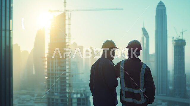 متابعة سير المشاريع والإشراف عليها، مراجعة مخططات الإعمار والتعديل عليها، مهندسان عربيان خليجيان سعوديان يرتديان خوذة وسترة الحماية, إدارة المشروع من موقع العمل, تحقيق الثورة العمرانية, تطور الهندسة الإنشائية في السعودية, مهن ووظائف في المملكة