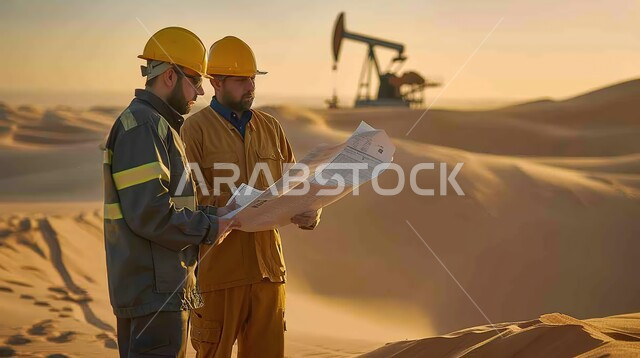 جودة معامل ومعدات إنتاج النفط وسط الصحراء، مشاريع صناعية بتروكيماوية، متابعة سير أعمال المصنع، مهندسان عربيان خليجيان سعوديان يرتديان خوذة وسترة الوقاية يقومان بمراجعة المخططات، اعتماد التقنيات والتكنولوجيا الحديثة في إنتاجية الغاز في المملكة العربية السعودية