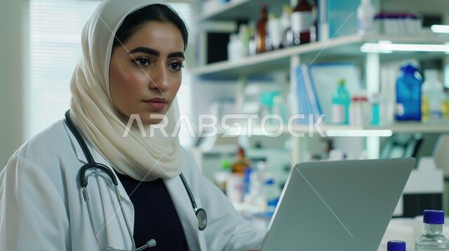 تسجيل وتدوين معلومات وملفات المرضى عبر الحاسب المحمول, دمج التقنية الحديثة في مجال العمل الطبي, طبيبة عربية خليجية سعودية ترتدي المعطف الطبي الأبيض وسماعة الفحص, تقديم الخدمات العلاجية في المراكز الطبية والمستشفيات السعودية