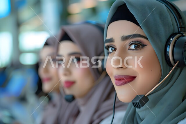 Saudi women's jobs and professions, customer service and responding to inquiries and questions, organizing and managing work affairs, integrating modern and advanced technologies into office work, Saudi Arabian Gulf female employees wearing headphones and microphones