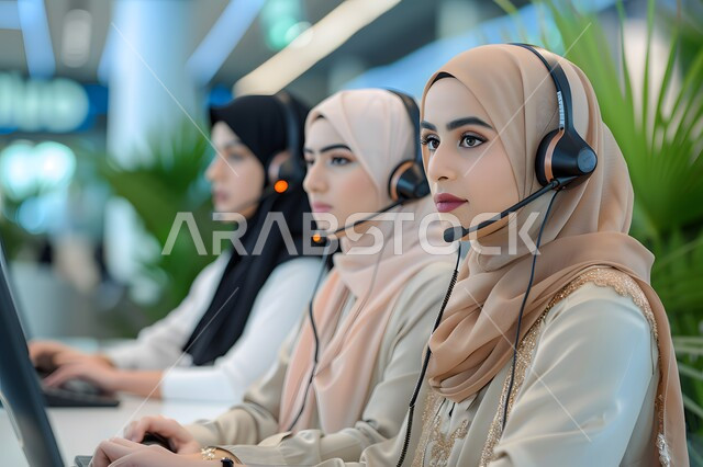 مهن ووظائف نسائية سعودية، خدمة العملاء والرد على الاستعلامات والاستفسارات، تنظيم وإدارة شؤون العمل، دمج التقنيات الحديثة والمتطورة بالأعمال المكتبية، موظفات عربيات خليجيات سعوديات يرتدون سماعات الرأس والمايكروفون
