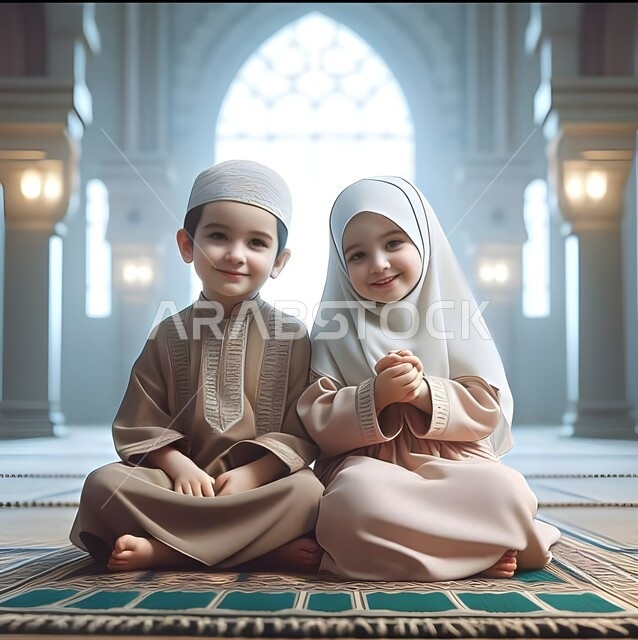 The concept of worship and getting closer to God, raising children on sound and correct nature, Islamic spiritual sessions in the holy month of Ramadan, two Saudi Gulf Arab brothers sitting in an Islamic mosque