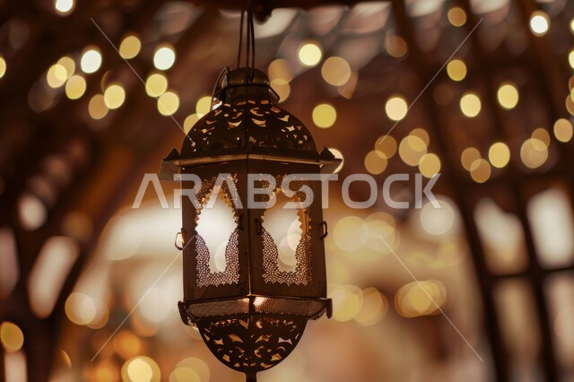 فانوس معدني مزخرف مضيء وقت الليل، زينة وديكورات رمضان المبارك، تصاميم و زخارف دينية اسلامية، فوانيس و مصابيح عربية قديمة، الاحتفال بقدوم شهر الخير والبركة، استقبال الأجواء الرمضانية الروحانية
