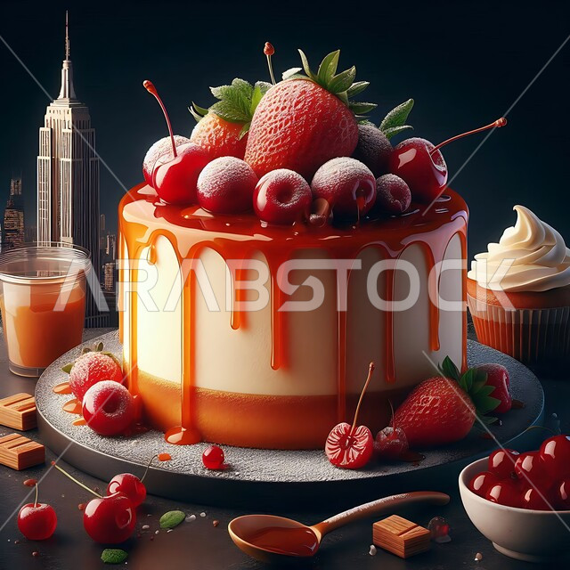 كيكة هشة شهية, قالب من الكاتو المزين بالكراميل والفراولة والتوت البري على طاولة خشبية، تزيين الكيك بالفواكه، مأكولات غنية بالسكريات والسعرات الحرارية، حلويات طازجة مخبوزة في الفرن