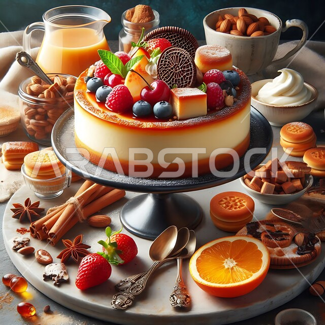 قالب من الكاتو المزين بالكراميل والفراولة والتوت البري على طاولة خشبية، تزيين الكيك بالفواكه، كيكة هشة شهية, مأكولات غنية بالسكريات والسعرات الحرارية، حلويات طازجة مخبوزة في الفرن