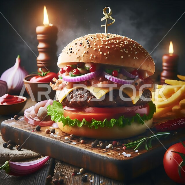 وصفة الهمبرجر اللذيذة، ساندوتش البرجر الكبير باللحم المشوي والجبنة الذائبة مع شرائح البصل, المأكولات الغربية في السعودية، الأطعمة الجاهزة الغير صحية، فن التقديم في مطاعم الوجبات السريعة بالمملكة