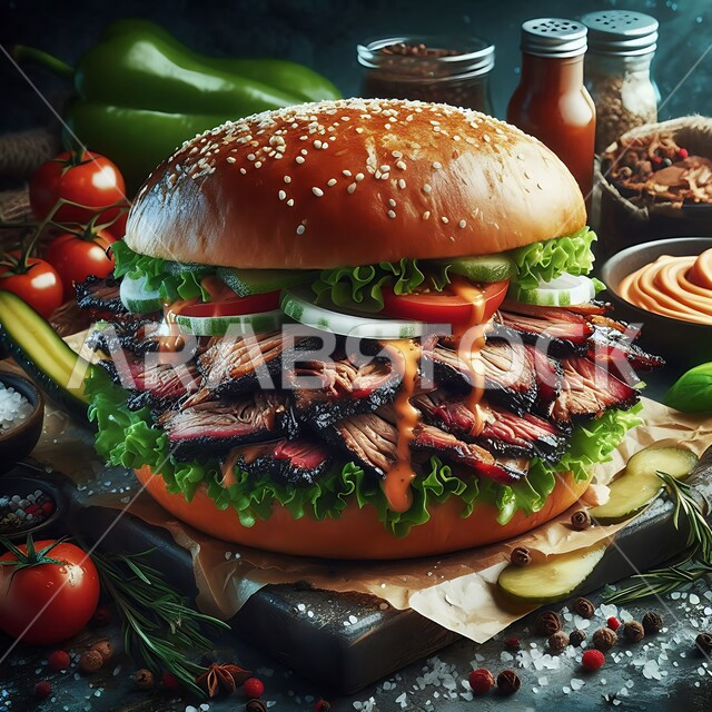 ساندوتش البرجر الكبير باللحم المشوي والجبنة الذائبة مع شرائح البصل, المأكولات الغربية في السعودية، وصفة الهمبرجر اللذيذة، الأطعمة الجاهزة الغير صحية، فن التقديم في مطاعم الوجبات السريعة بالمملكة