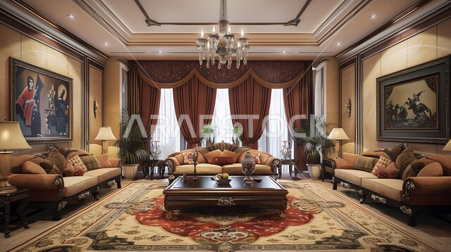  التحف والأكسسوارات العصرية مع نبات الزينة، الفن الهندسي المعماري لغرف الجلوس على الطراز العربي الاسلامي، غرفة معيشة بتصميم حديث ونوافذ كبيرة لمنزل عربي خليجي سعودي فاخر، أثاث كلاسيكي أنيق بألوان فاتحة