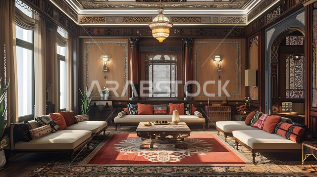  التحف والأكسسوارات العصرية مع نبات الزينة، الفن الهندسي المعماري لغرف الجلوس على الطراز العربي الاسلامي، غرفة معيشة بتصميم حديث ونوافذ كبيرة لمنزل عربي خليجي سعودي فاخر، أثاث كلاسيكي أنيق بألوان فاتحة