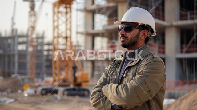 Supervising projects at the work site, the development and growth of the engineering sector in the Kingdom, a picture close to the side of an Arab Gulf Gulf engineer wearing a jacket and protective helmet, Saudi engineering professions and jobs, drilling and construction machines at the construction headquarters