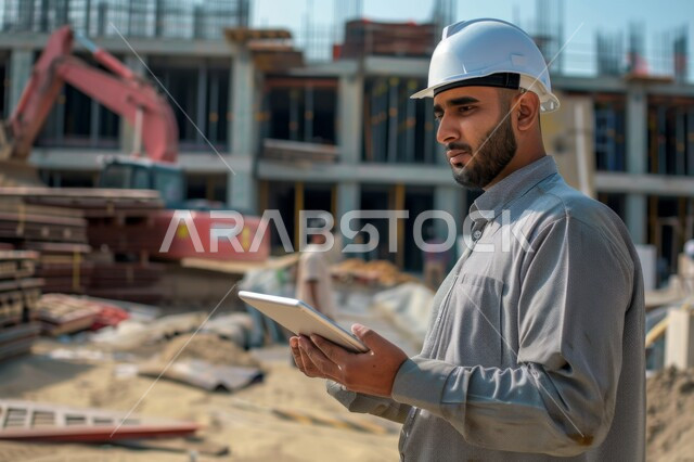 الات الحفر والبناء في مقر الإنشاءات، مهن ووظائف هندسية سعودية، الاشراف على المشاريع في موقع العمل، تطور ونمو القطاع الهندسي في المملكة، صورة مقربة من الجانب لمهندس عربي خليجي سعودي يرتدي سترة وخوذة الحماية يحمل بيده تابلت، استخدام الاجهزة التقنية الحديثة