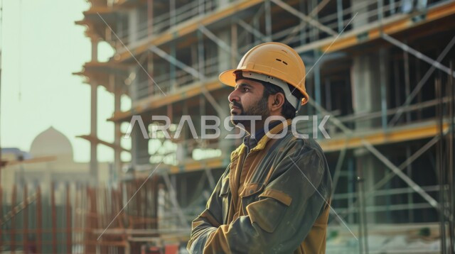 تطور ونمو القطاع الهندسي في المملكة، الاشراف على المشاريع في موقع العمل، صورة مقربة من الجانب لمهندس عربي خليجي سعودي يرتدي سترة وخوذة الحماية، مهن ووظائف هندسية سعودية، الات الحفر والبناء في مقر الإنشاءات